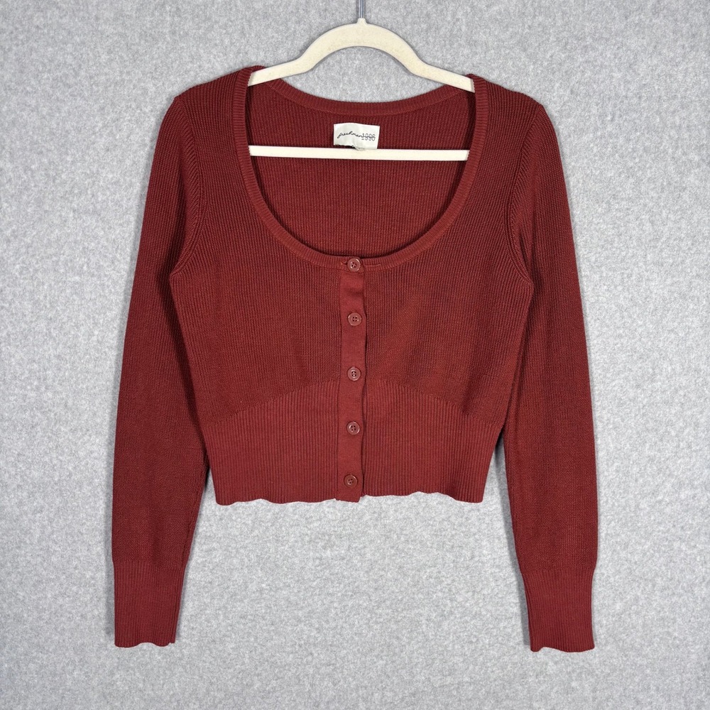 Y2K Ribbed Knit Crop Cardigan Medium Rust Red Cropped Scoop Neck Neutral Preppy